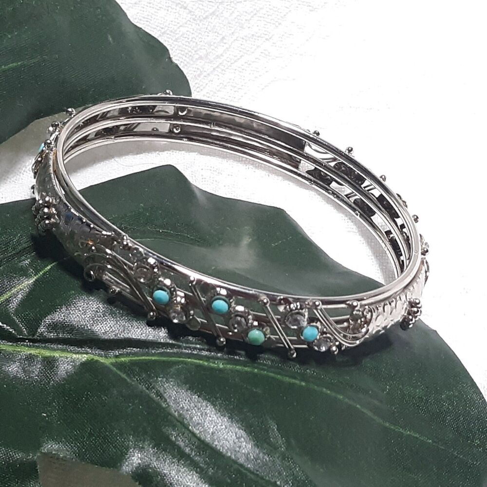 Boho Southwestern Silver Tone Bangle Bracelet Turquoise Colored Blue Openwork